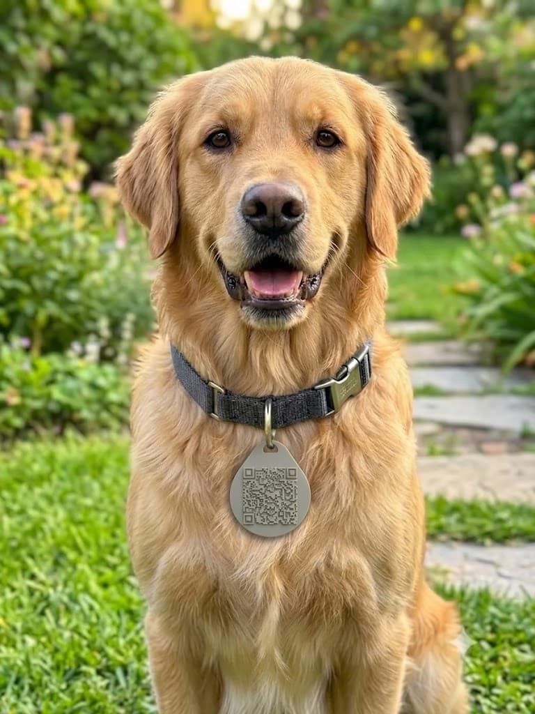 Golden retriever sonriente con chapita QR SOSme en el collar