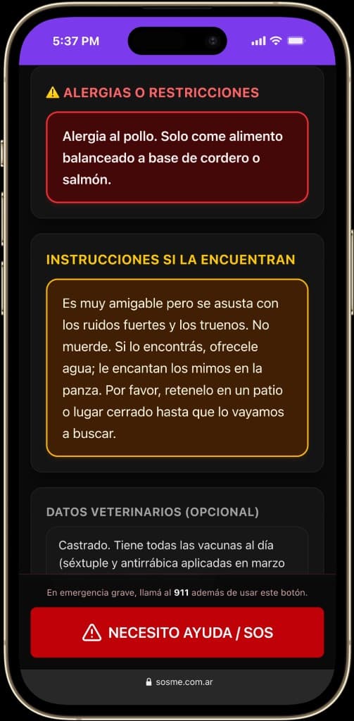 Sección de alergias y restricciones en el perfil SOSme