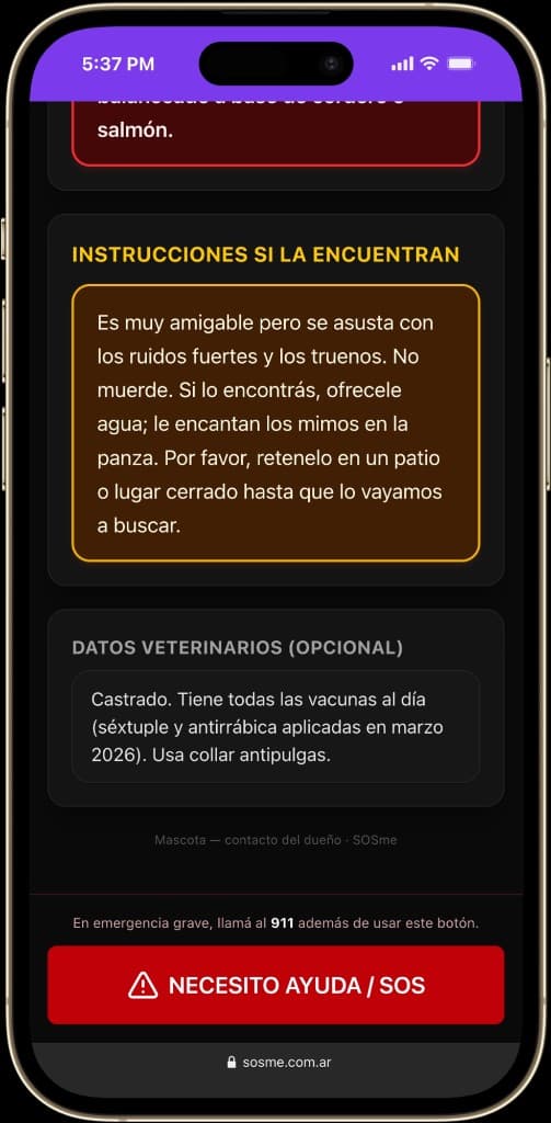 Instrucciones de encuentro e información veterinaria