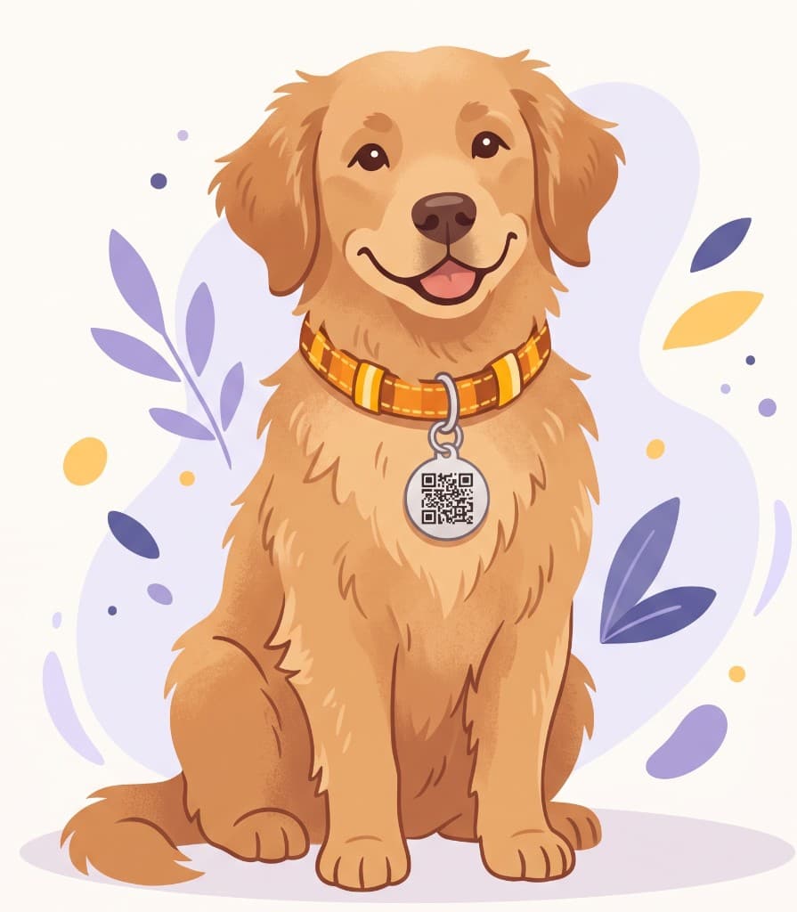 Perro con collar y chapita que muestra un código QR