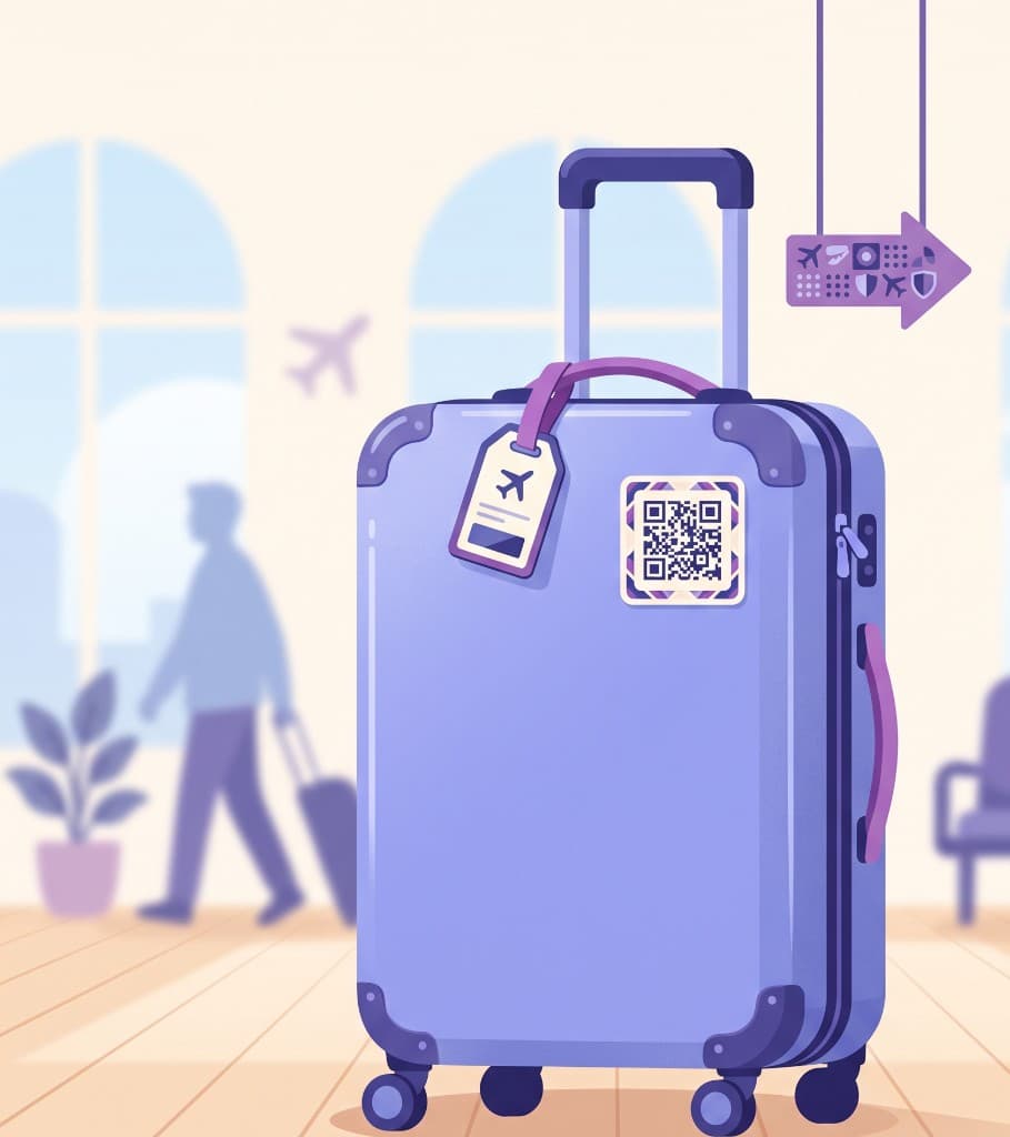 Valija de viaje con un sticker de código QR en el aeropuerto